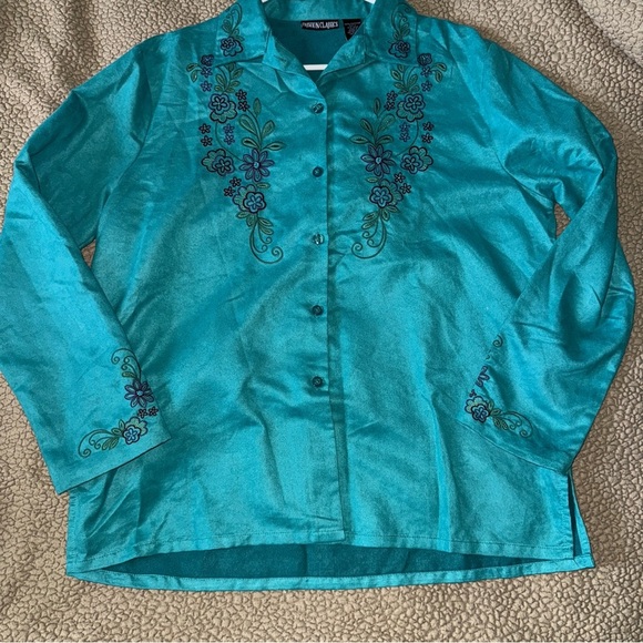 VTG Fashion Classics Sueded Long Sleeve Embroidered Bead Shirt/Jacket,Teal, Sz L - Picture 11 of 11